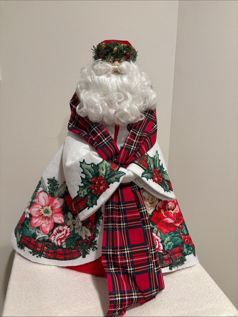 Holiday Santa Figurine with Tartan Cloak - Red, White, Green